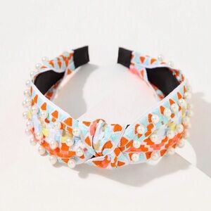 Pearl Embellished Orange and Blue Headband